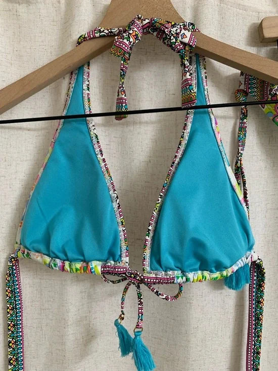 Rod Beattie Bleu Colorful Paisley Halter Bikini Set Tassels Teal Neon Accents 6 - Picture 3 of 10